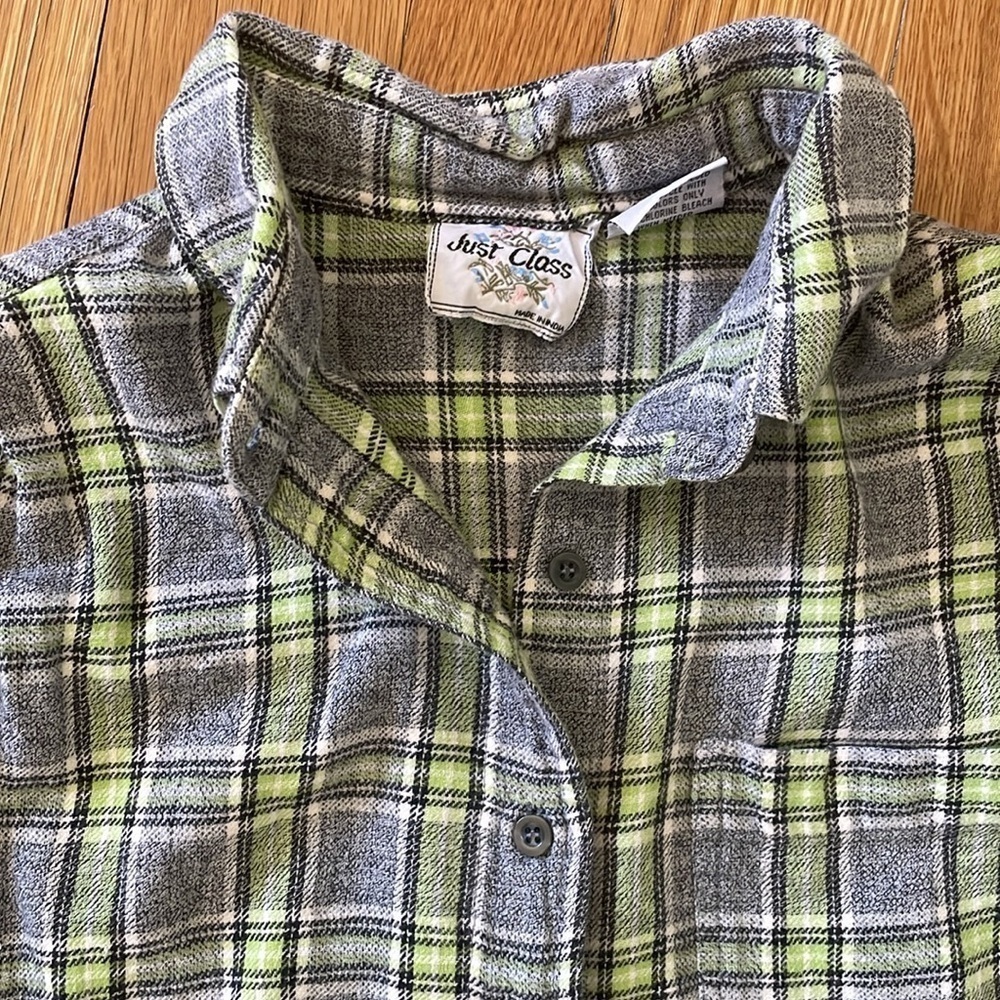 Vintage 90s Y2K Plaid Fuzzy Button Down Cotton Green Shirt Women L